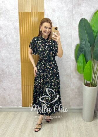Vestido Belinda em viscolinho - Preto  estampado - Milla Chic