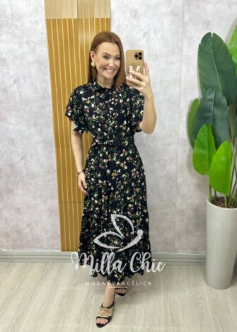Vestido Belinda em viscolinho - Preto  estampado - Milla Chic