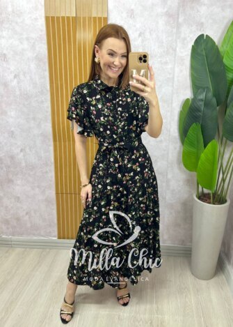 Vestido Belinda em viscolinho - Preto  estampado - Milla Chic