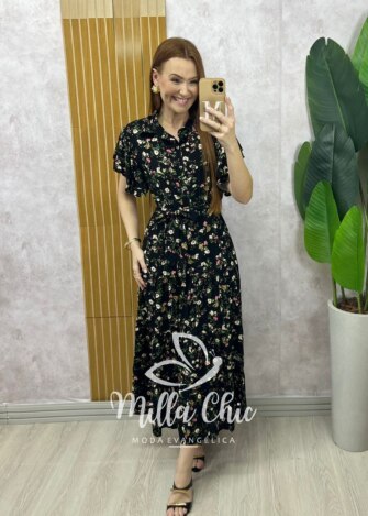 Vestido Belinda em viscolinho - Preto  estampado - Milla Chic