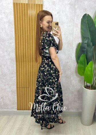Vestido Belinda em viscolinho - Preto  estampado - Milla Chic