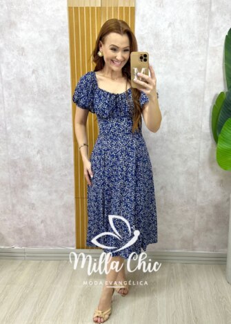 Vestido Camponesa Em Viscolinho estampado azul - Milla Chic