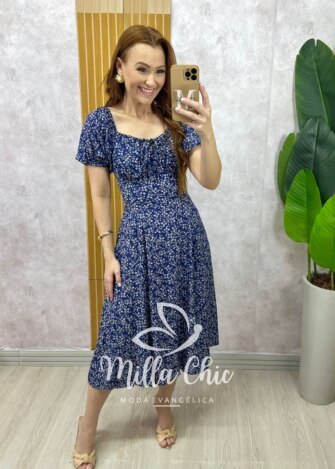 Vestido Camponesa Em Viscolinho estampado azul - Milla Chic