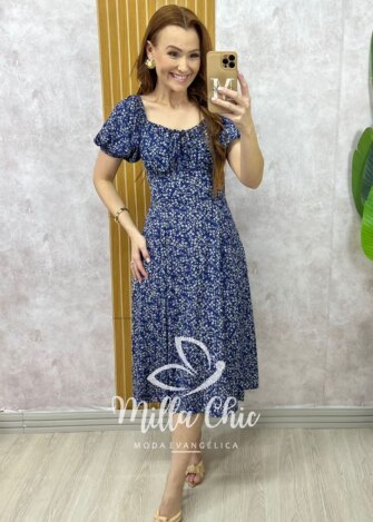 Vestido Camponesa Em Viscolinho estampado azul - Milla Chic