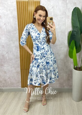 Vestido Cássia em linho branco estampado - Milla Chic