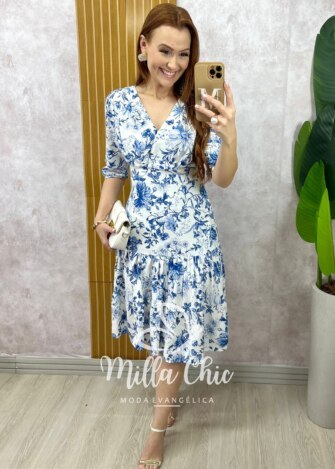 Vestido Cássia em linho branco estampado - Milla Chic