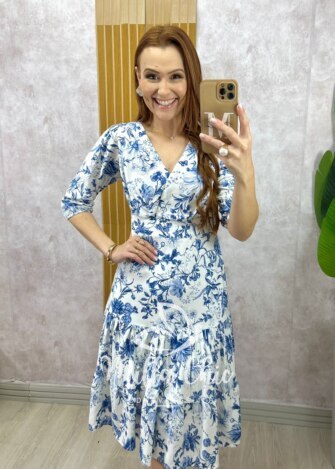 Vestido Cássia em linho branco estampado - Milla Chic