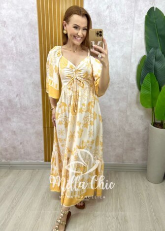 Vestido Catarina em viscosarja estampado amarelo - Milla Chic