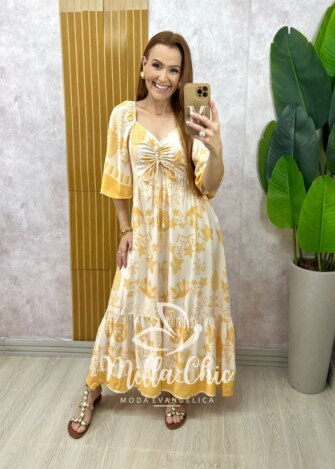 Vestido Catarina em viscosarja estampado amarelo - Milla Chic