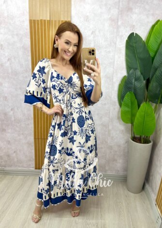 Vestido Catarina em viscosarja estampado azul marinho - Milla Chic