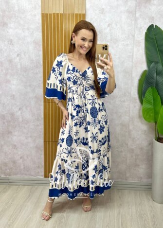 Vestido Catarina em viscosarja estampado azul marinho - Milla Chic