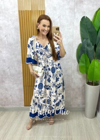 Vestido Catarina em viscosarja estampado azul marinho - Milla Chic