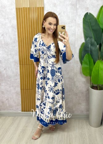 Vestido Catarina em viscosarja estampado azul marinho - Milla Chic
