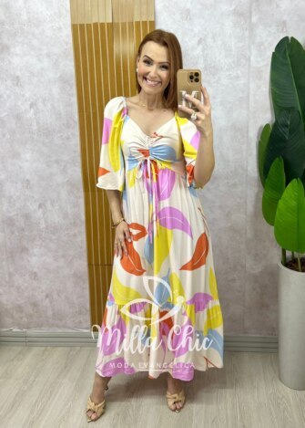 Vestido Catarina em viscosarja - Off  estampa abstrata - Milla Chic