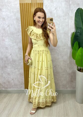 Vestido Dalva em lesie borado - Amarelo manteiga - Milla Chic
