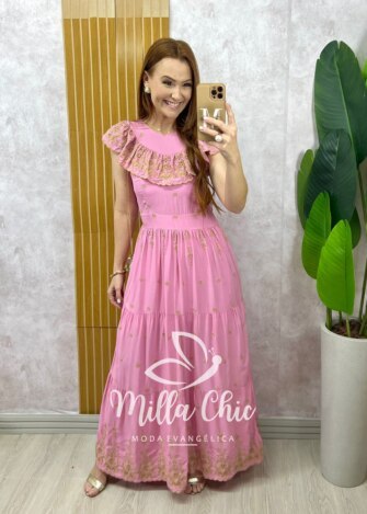 Vestido Dalva em lesie bordado - Rose - Milla Chic