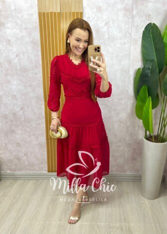 Vestido Fabiane em chiffon - Cereja - Milla Chic