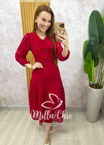 Vestido Fabiane em chiffon - Cereja - Milla Chic