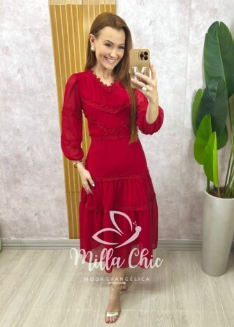 Vestido Fabiane em chiffon - Cereja - Milla Chic