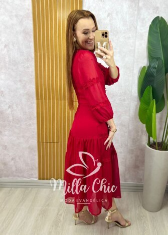 Vestido Fabiane em chiffon - Cereja - Milla Chic