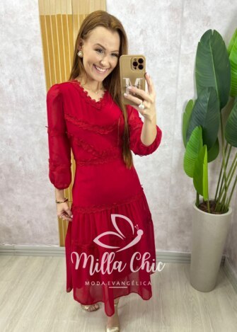 Vestido Fabiane em chiffon - Cereja - Milla Chic
