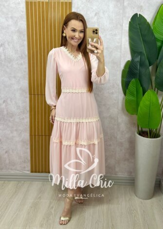Vestido Fabiane em chiffon - Rosa delicate - Milla Chic