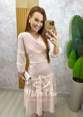 Vestido Fabiane em chiffon - Rosa Pó - Milla Chic