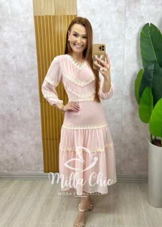 Vestido Fabiane em chiffon - Rosa Pó - Milla Chic