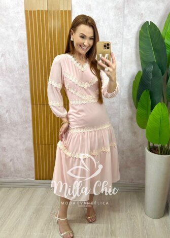 Vestido Fabiane em chiffon - Rosa Pó - Milla Chic