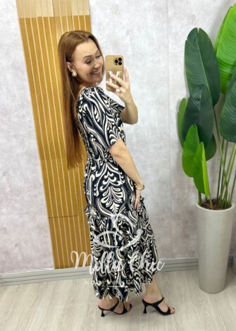 Vestido Fernanda em viscolinho - Fundo preto - Milla Chic