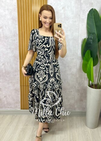 Vestido Fernanda em viscolinho - Fundo preto - Milla Chic