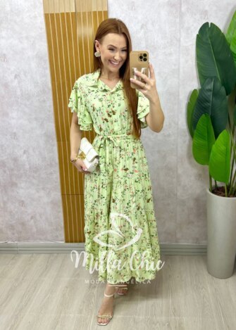 Vestido Belinda em viscolinho menta estampado - Milla Chic