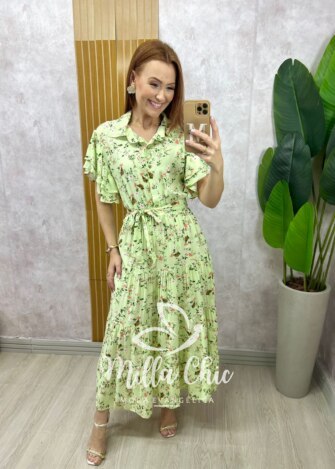 Vestido Belinda em viscolinho menta estampado - Milla Chic