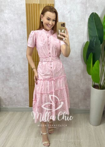 Vestido Maiara em Lesie algodão rosa pó bordado - Milla Chic