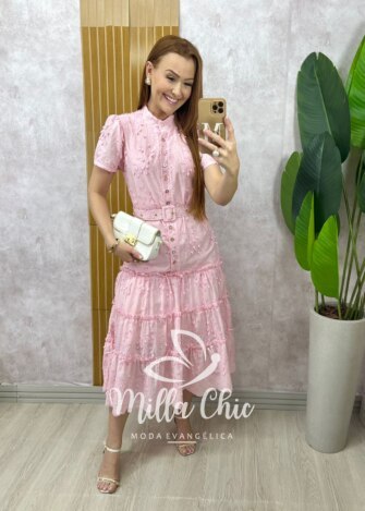 Vestido Maiara em Lesie algodão rosa pó bordado - Milla Chic