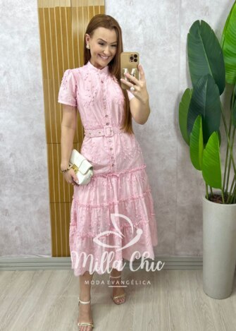 Vestido Maiara em Lesie algodão rosa pó bordado - Milla Chic