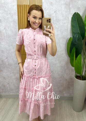 Vestido Maiara em Lesie algodão rosa pó bordado - Milla Chic