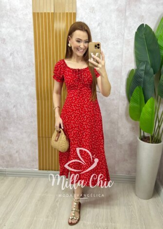 Vestido Judite em viscolinho vermelho estampa liberty - Milla Chic