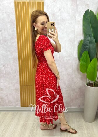 Vestido Judite em viscolinho vermelho estampa liberty - Milla Chic