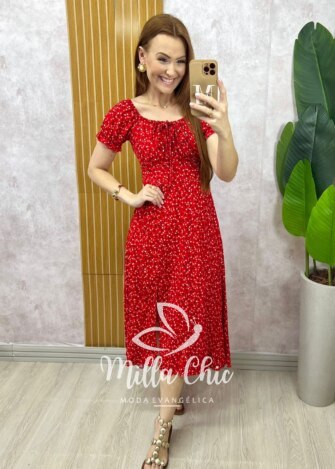 Vestido Judite em viscolinho vermelho estampa liberty - Milla Chic