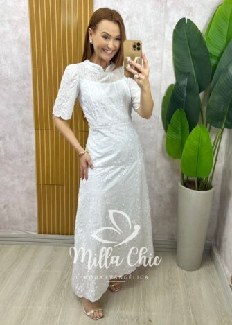 Vestido Longo Carolina  em Lesie bordada - Branco - Milla Chic