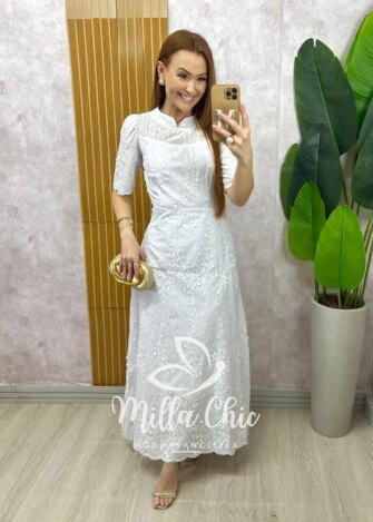 Vestido Longo Carolina  em Lesie bordada - Branco - Milla Chic