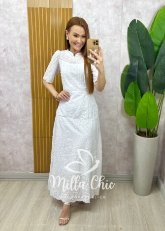 Vestido Longo Carolina  em Lesie bordada - Branco - Milla Chic