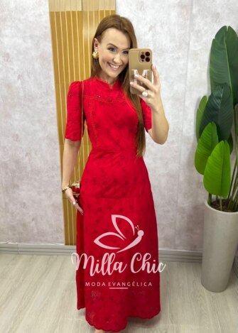 Vestido Longo Pietra em Lesie borada - Vermelho Cereja - Milla Chic