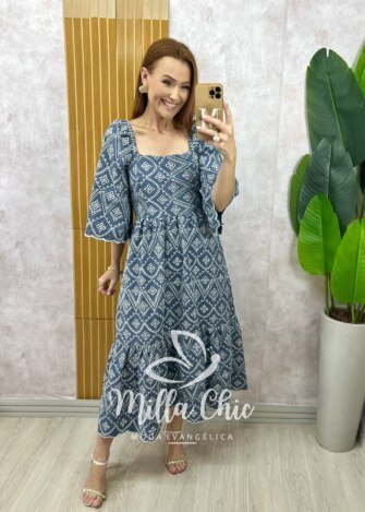 Vestido Luana em jeans bordado - Milla Chic