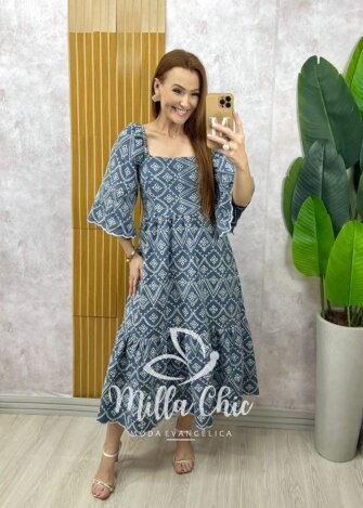 Vestido Luana em jeans bordado - Milla Chic