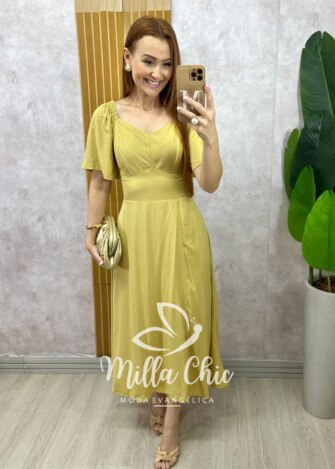 Vestido Pamela Em Viscolinho - amarelo manteiga - Milla Chic