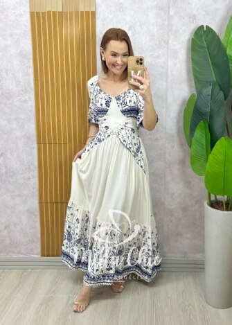Vestido Rafaela em viscolinho - Branco estampa mosaico - Milla Chic