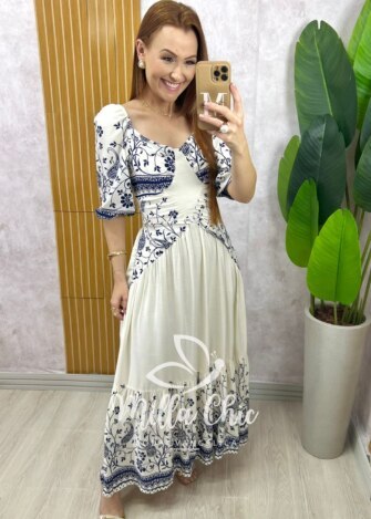 Vestido Rafaela em viscolinho - Branco estampa mosaico - Milla Chic
