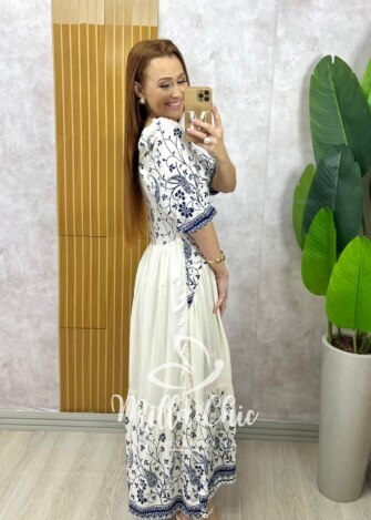 Vestido Rafaela em viscolinho - Branco estampa mosaico - Milla Chic